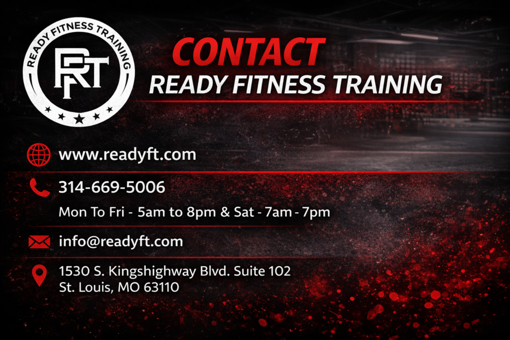 Ready Fitness Training contact banner with gym location, phone number, hours, and email in St. Louis 