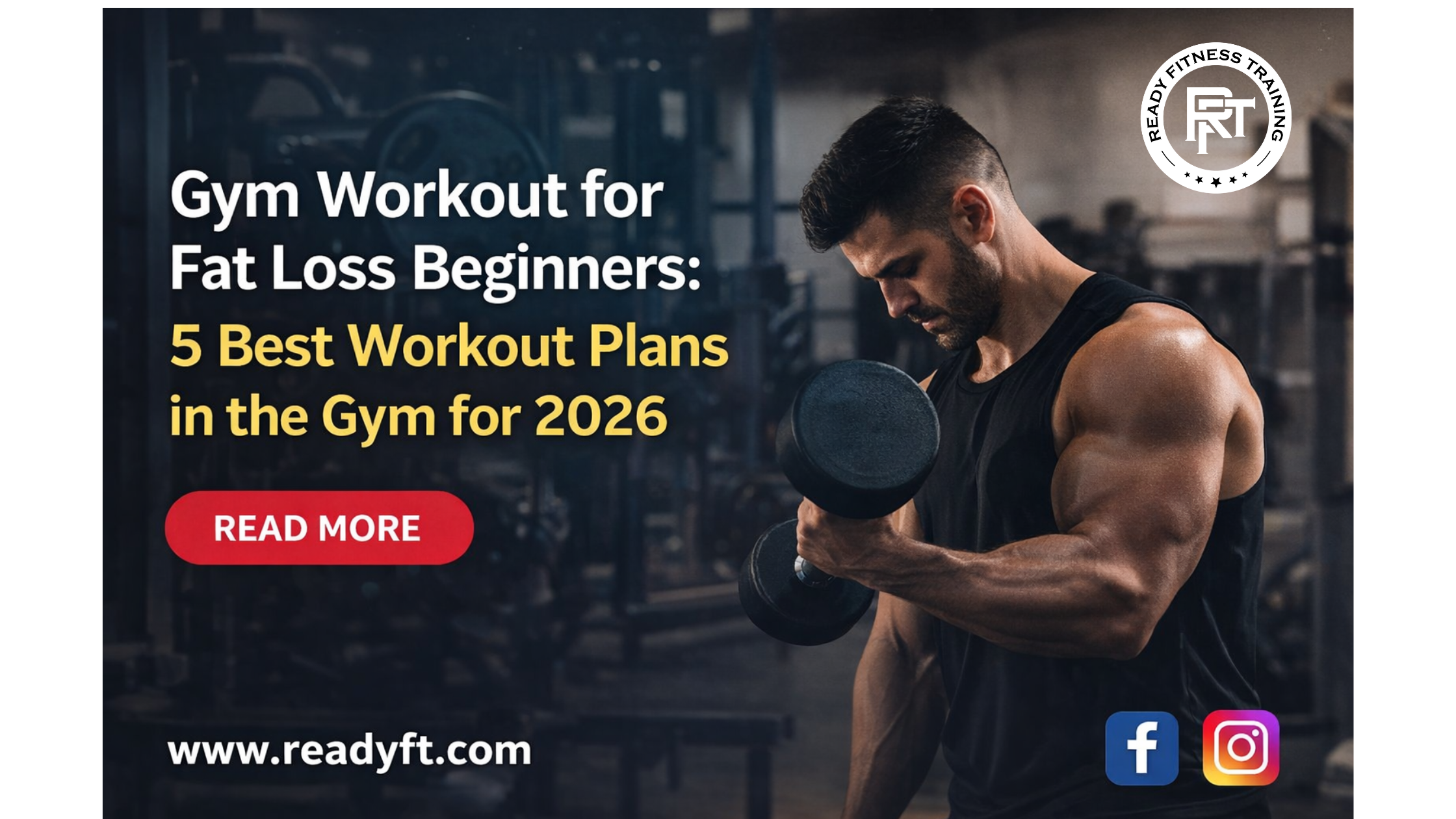 Gym workout for fat loss beginners showing a man doing dumbbell curls with text highlighting 5 best workout plans in the gym for 2026.