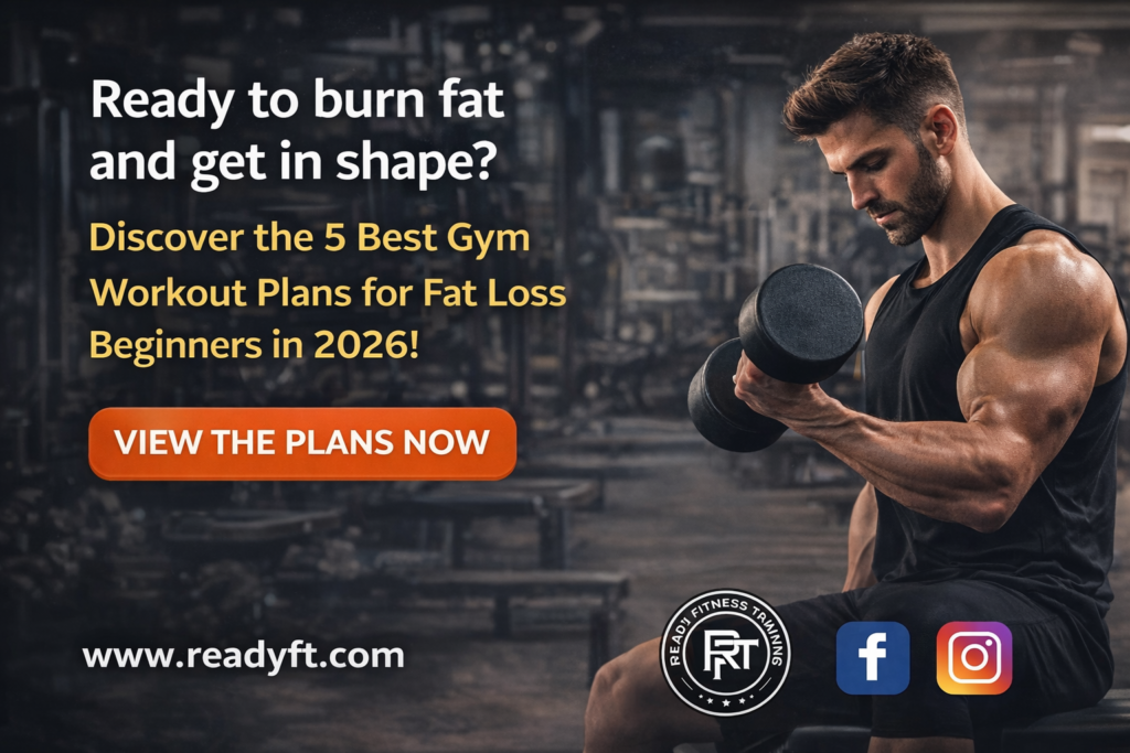 CTA banner showing weight loss fitness training with muscular man lifting dumbbell in gym, promoting fat loss workout plans with call to action button and Ready Fitness Training branding.